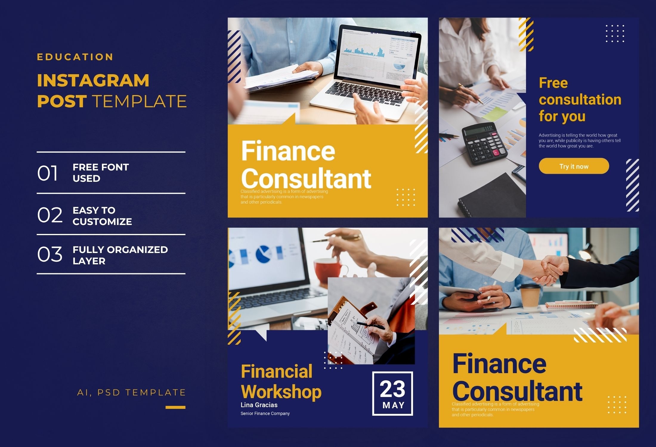 Blue & Gold Modern Finance Consultant Instagram Post Template