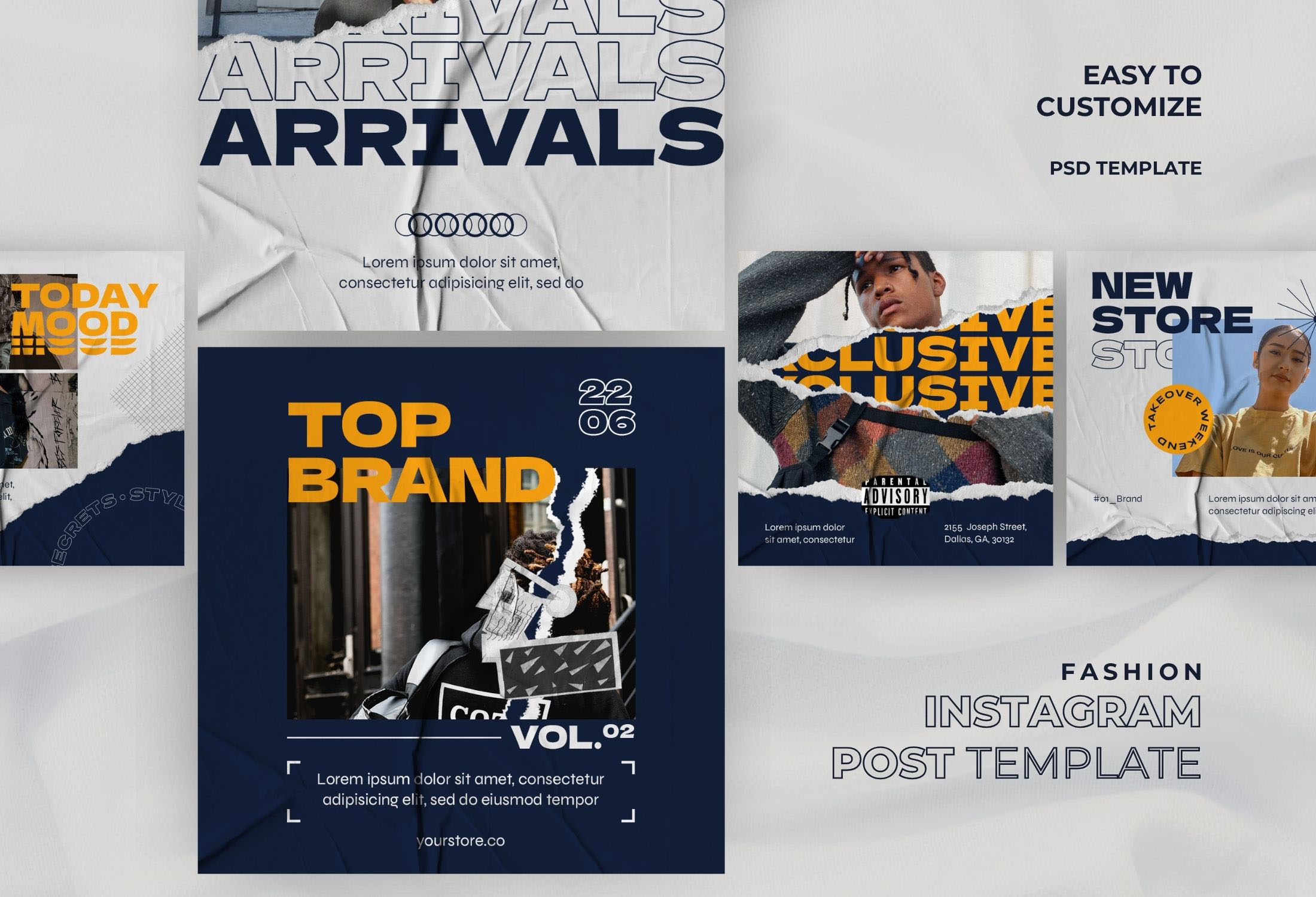 White & Blue Ripped Paper Fashion Store Instagram Post Template