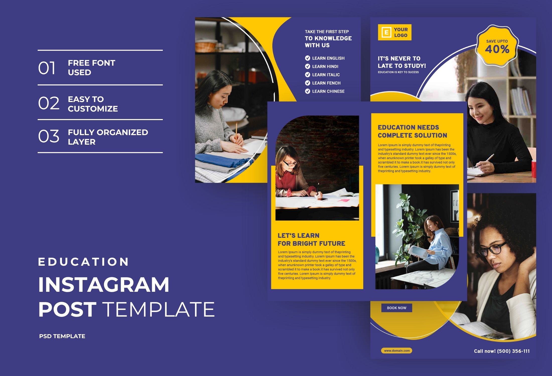 Blue & Yellow Minimal Knowledge Education Course Instagram Post Template