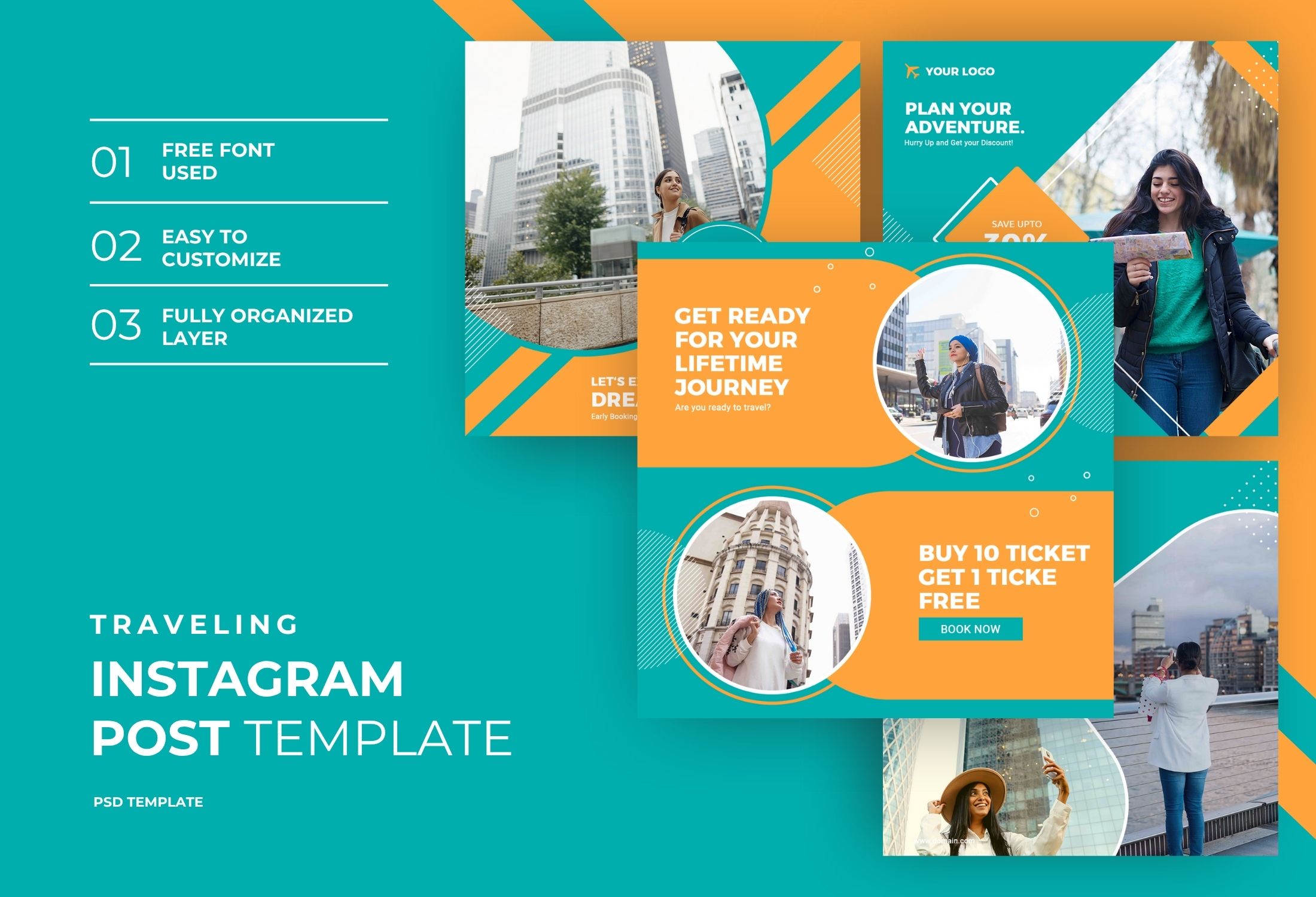 Blue & Orange Modern Traveling Promotion Sale Instagram Post Template