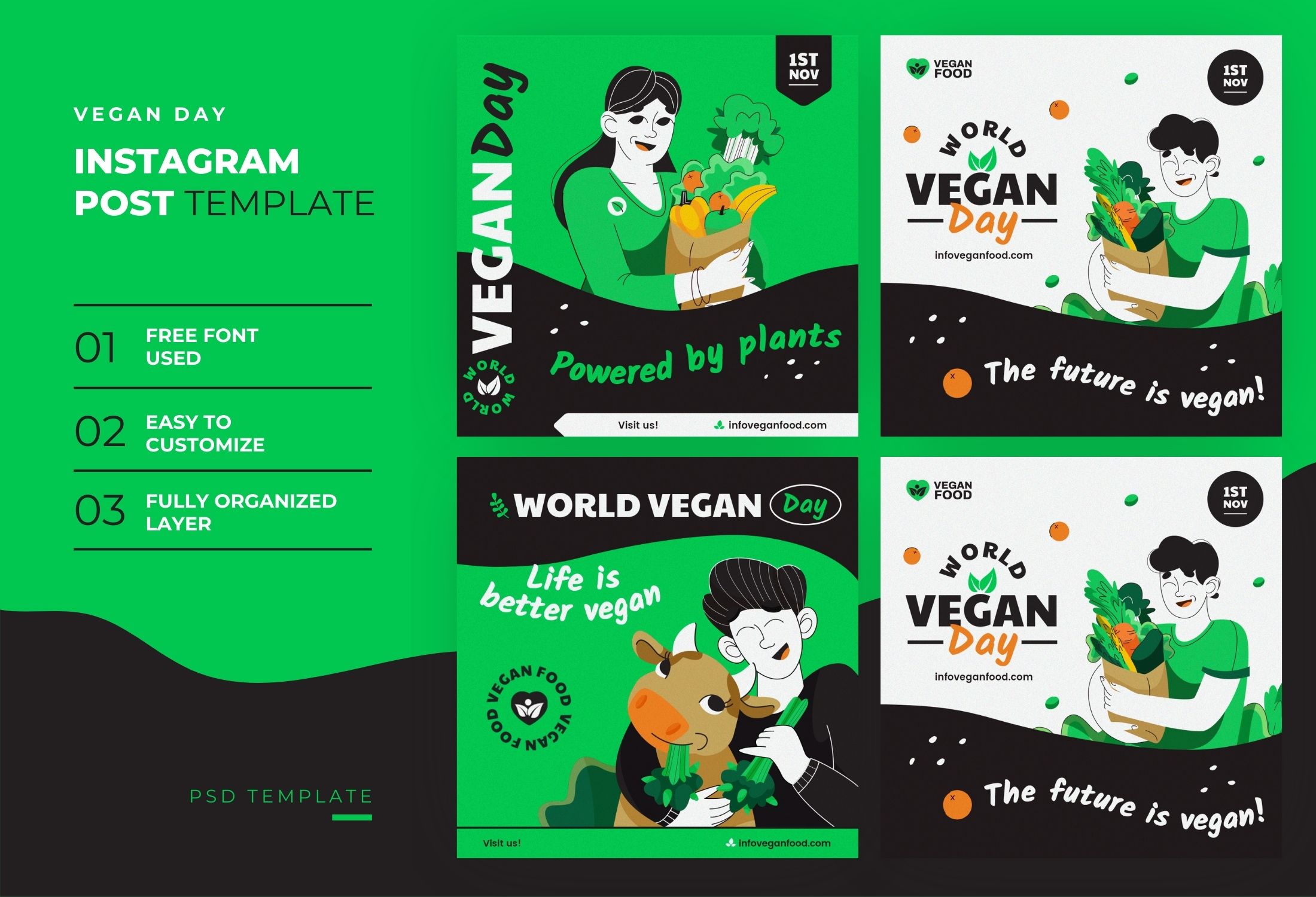 Green & Black Creative Vegan Day Instagram Post Template