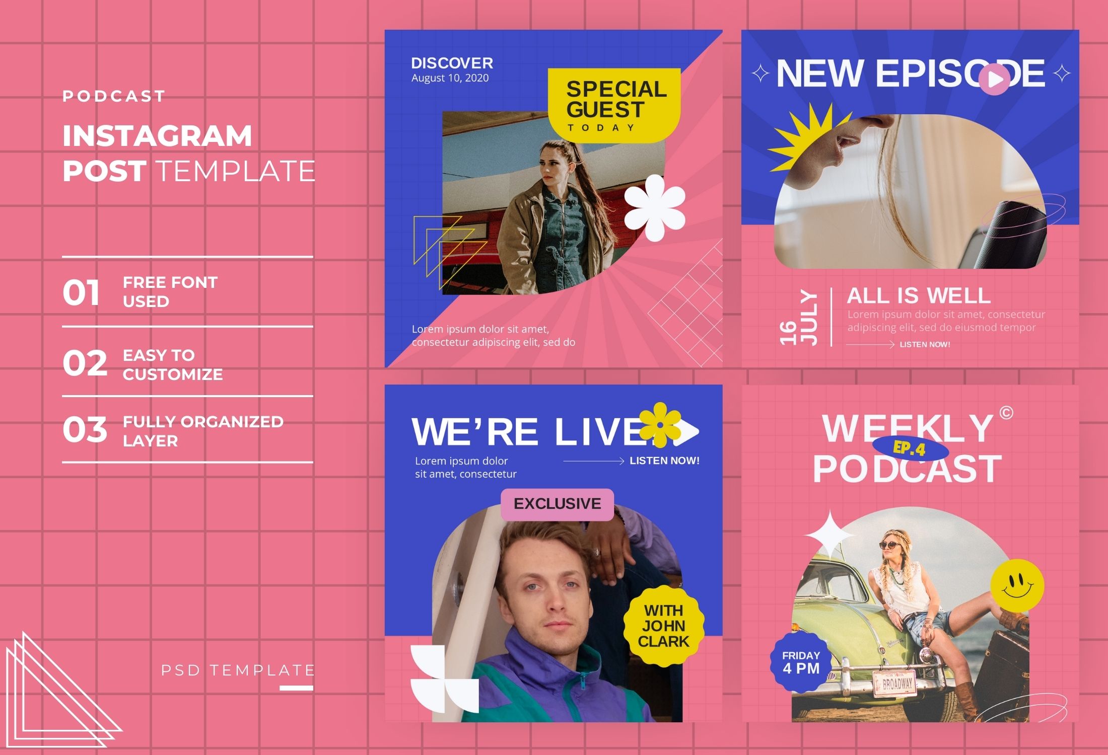 Blue & Pink Creative Live Podcast Instagram Post Template