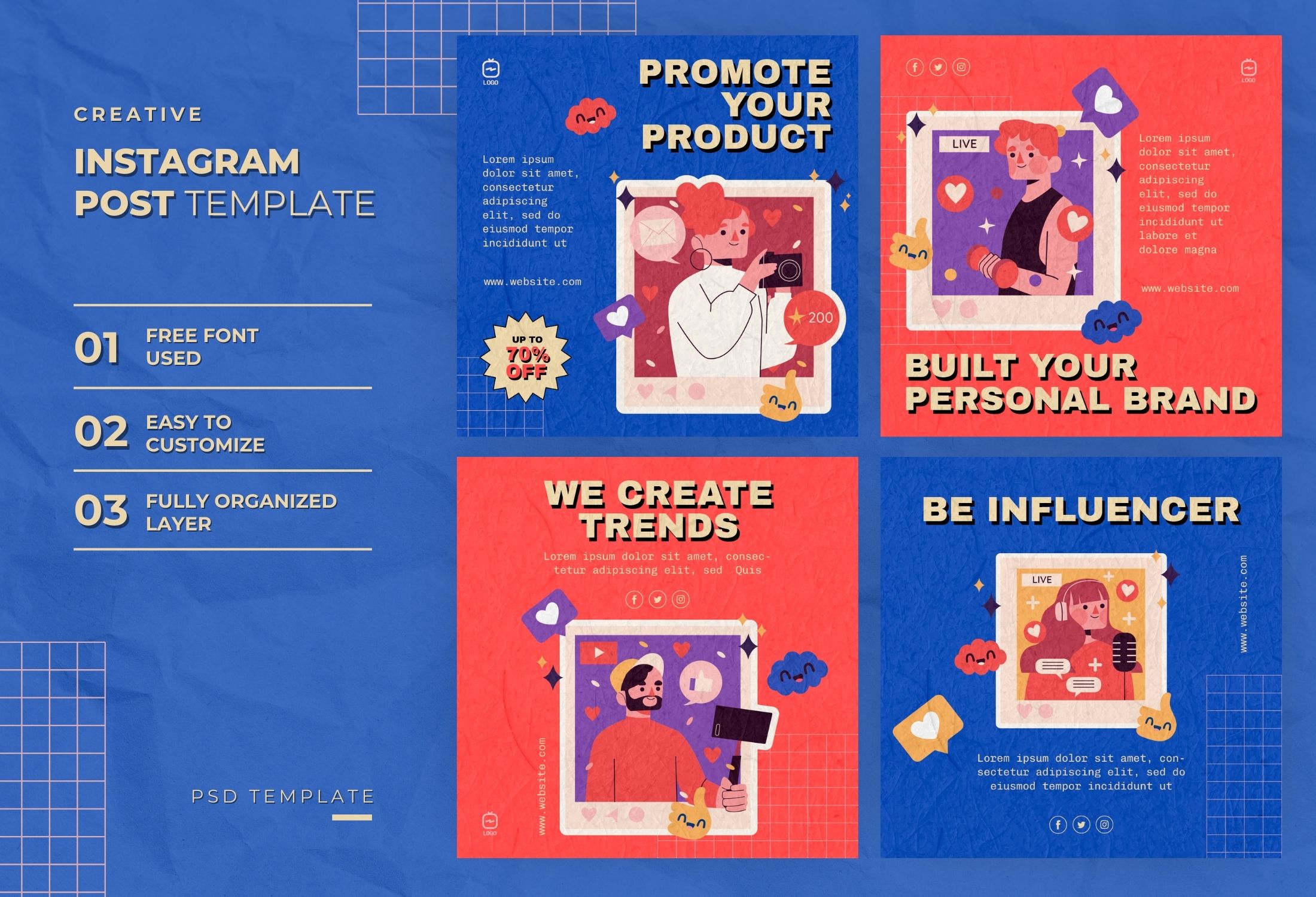 Blue & Red Creative Influencer Instagram Post Template