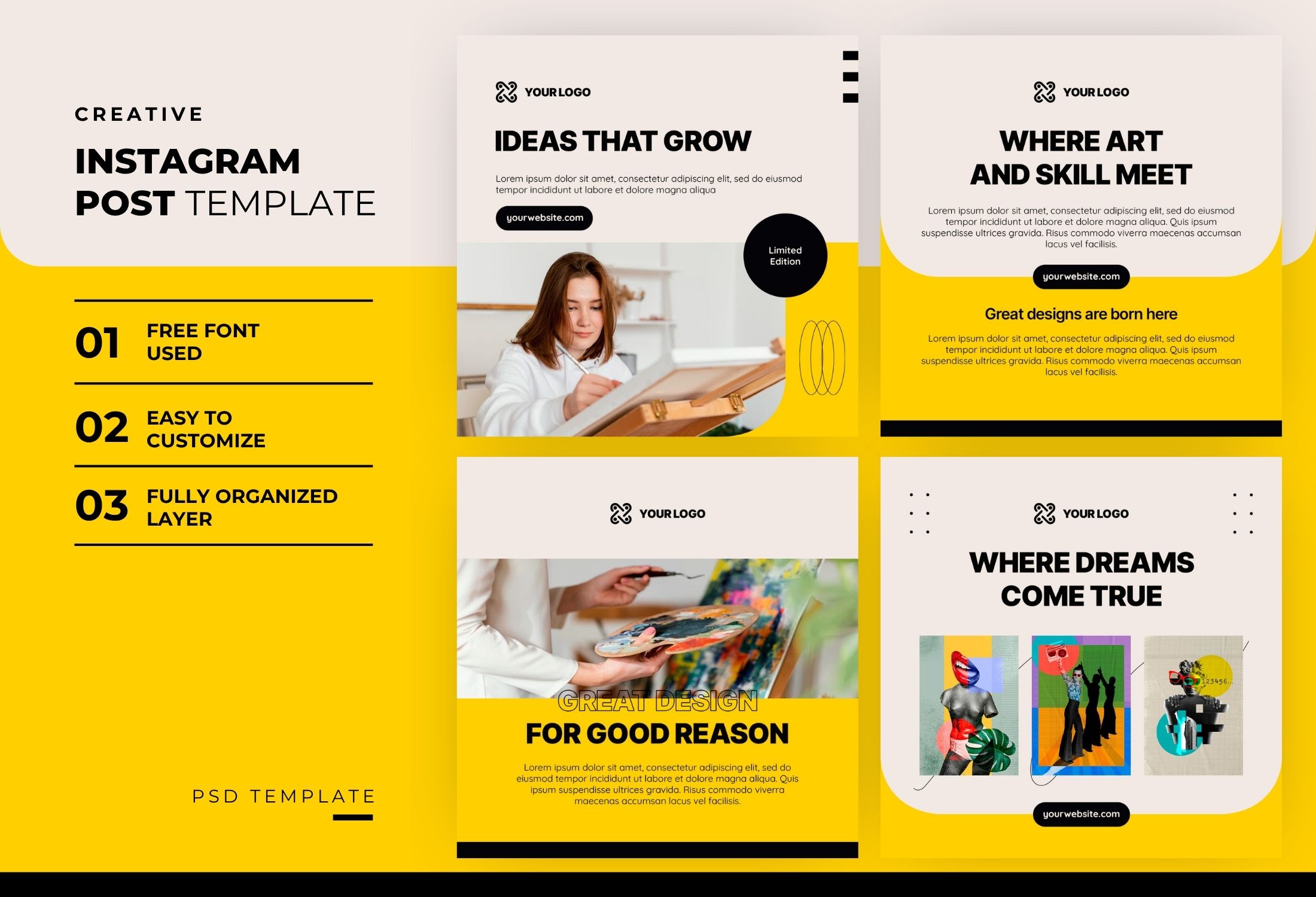 White & Yellow Creative Dreams Quote Instagram Post Template