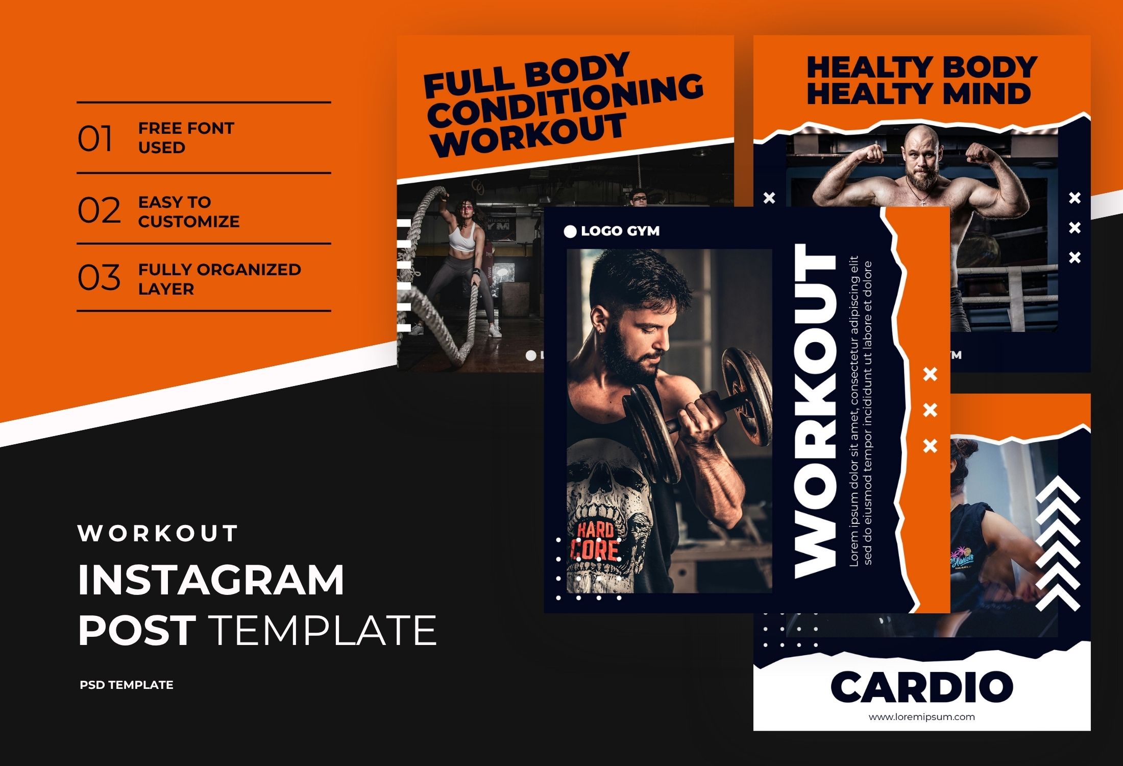 Orange And Black Bold Fitness Workout Instagram Post Template