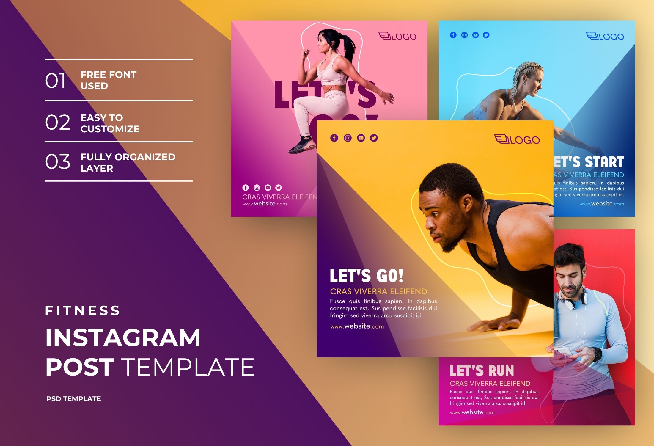 Purple And Yellow Bold Fitness Motivation Instagram Post Template