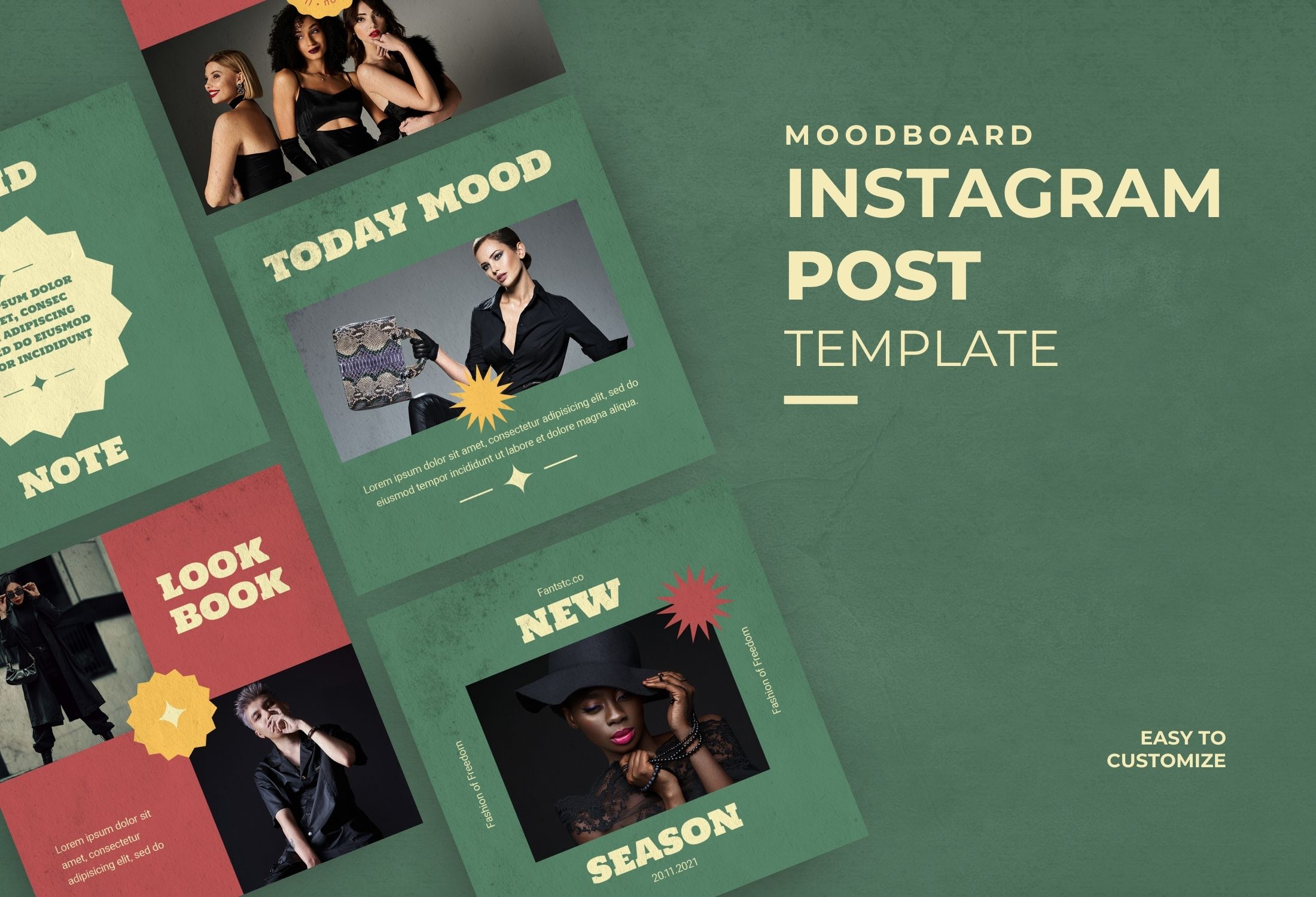 Green Vintage Fashion Moodboard Instagram Post Template